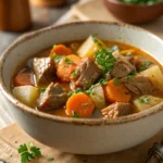 Irish lamb stew in rustic bowl