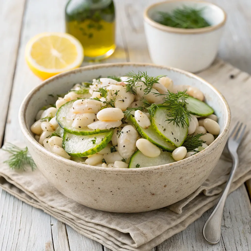 Dilly white bean cucumber salad in ceramic bowl