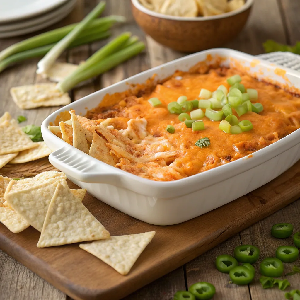 Creamy buffalo chicken dip with melted cheese