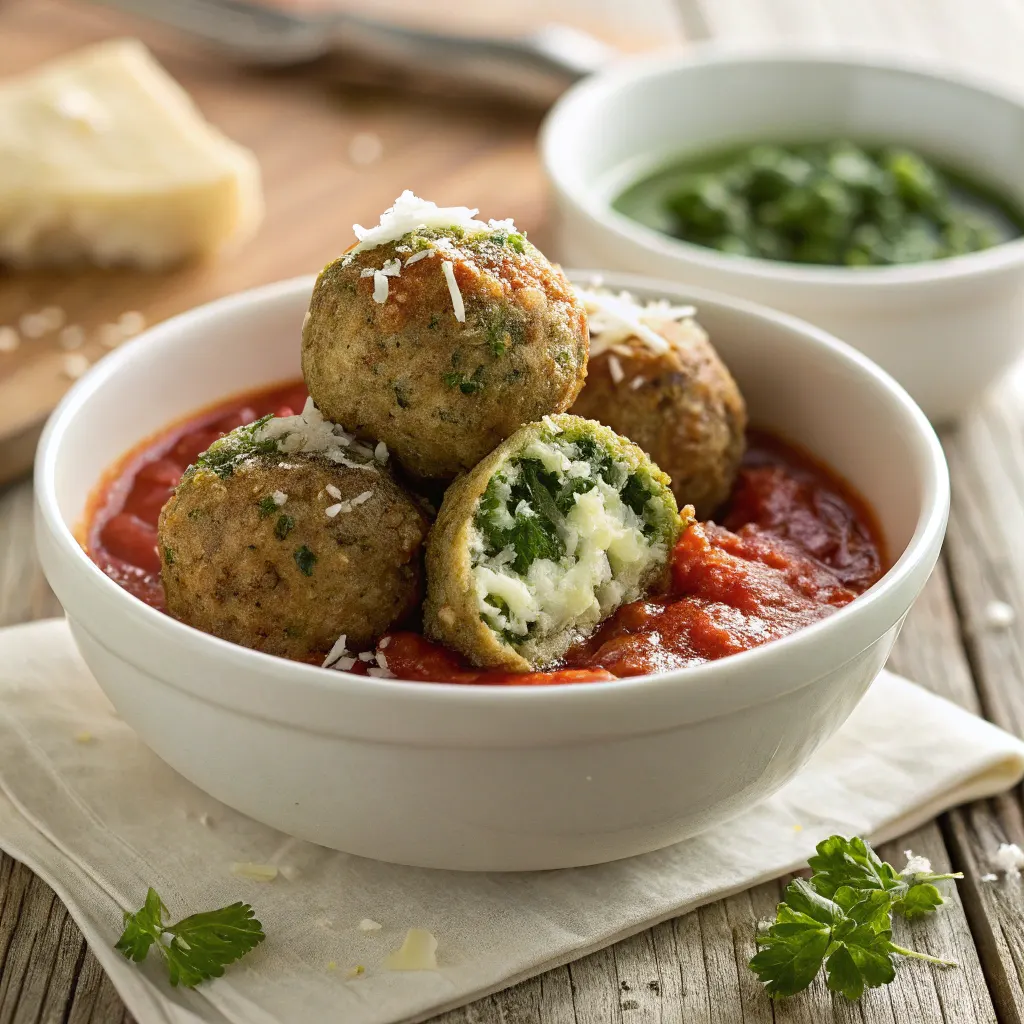 Spinach garlic meatballs stuffed with mozzarella cheese
