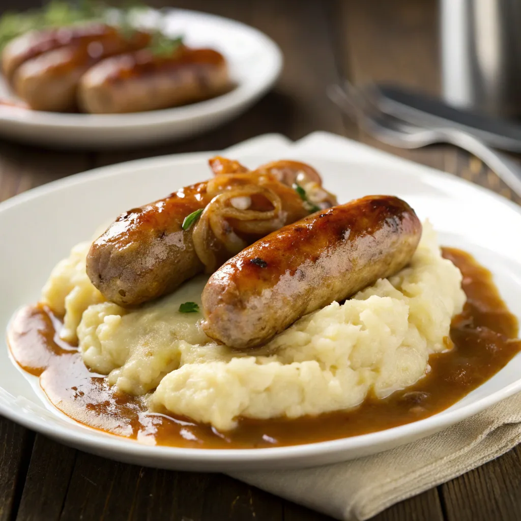 Classic bangers and mash with onion gravy