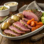 Classic corned beef and cabbage served on platter