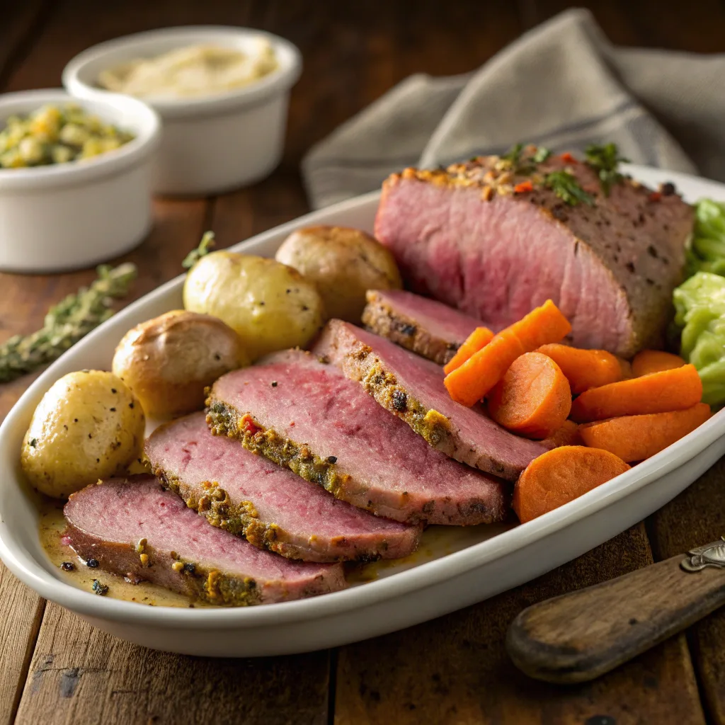 Classic corned beef and cabbage served on platter