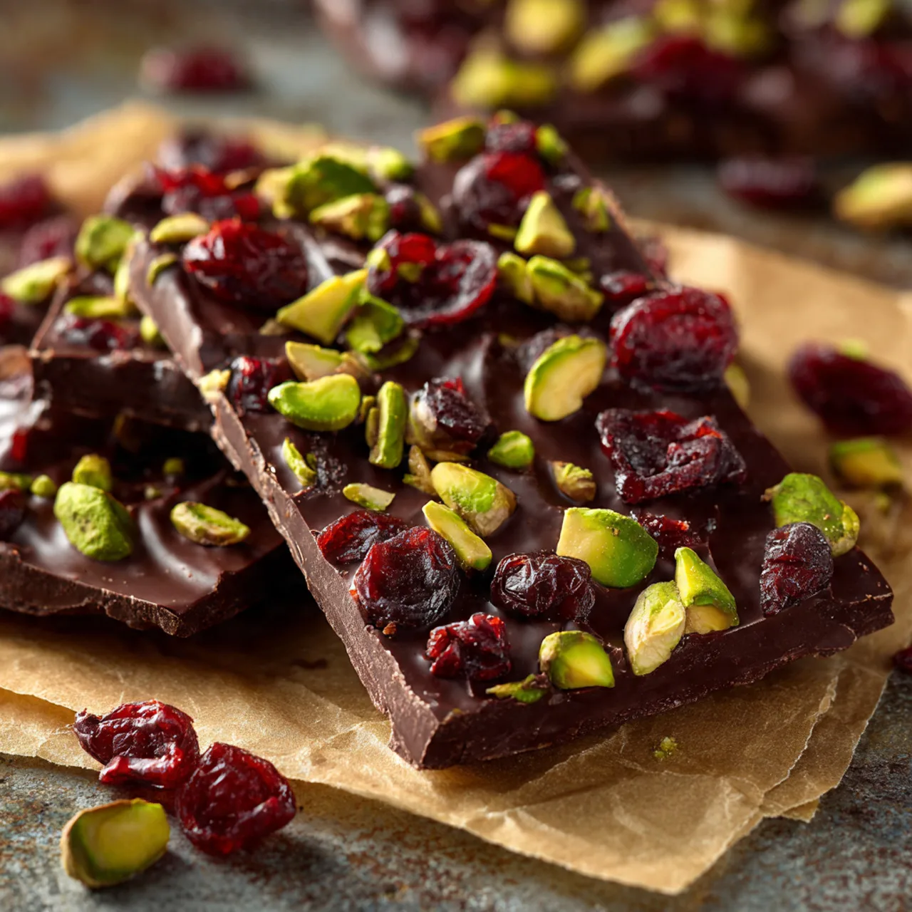 Piece of pistachio dark chocolate bark on parchment