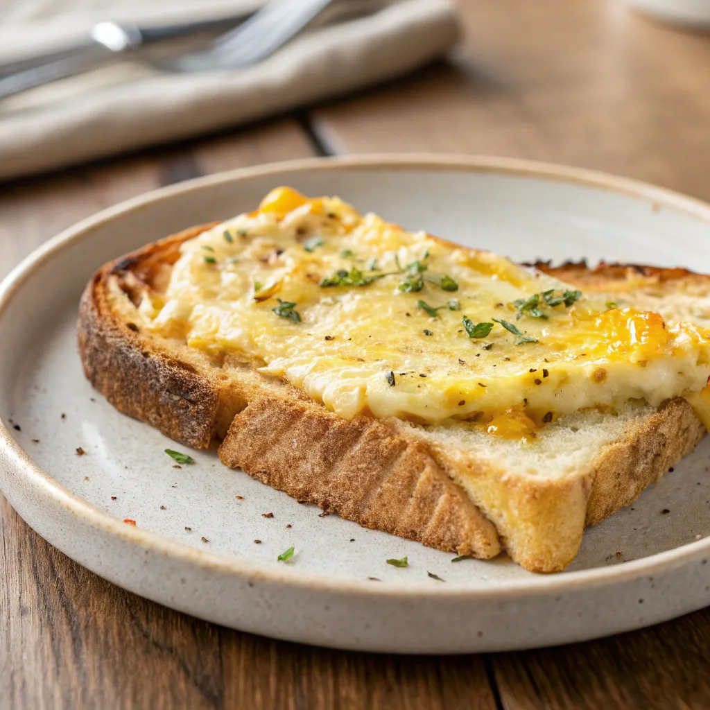 Golden cheesy egg toast with melted cheese and egg