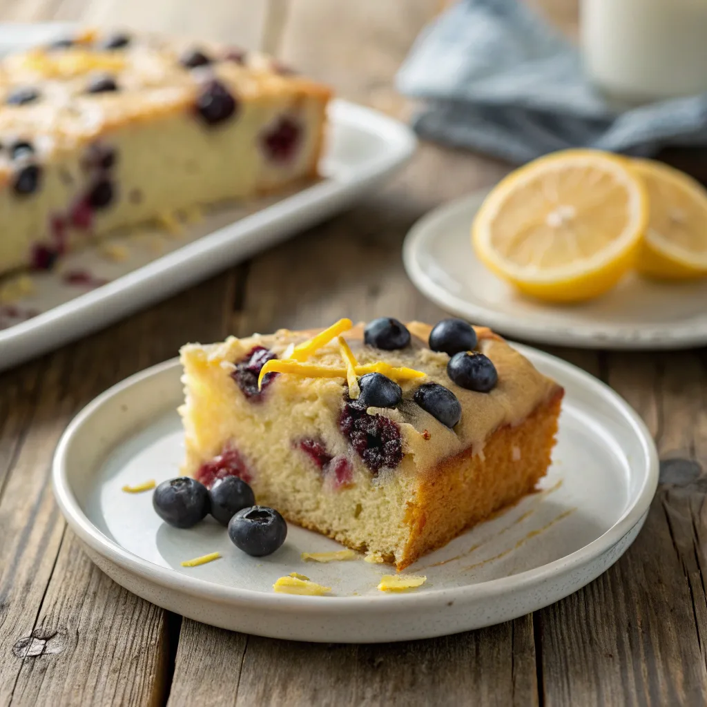 Slice of lemon blueberry cake on plate