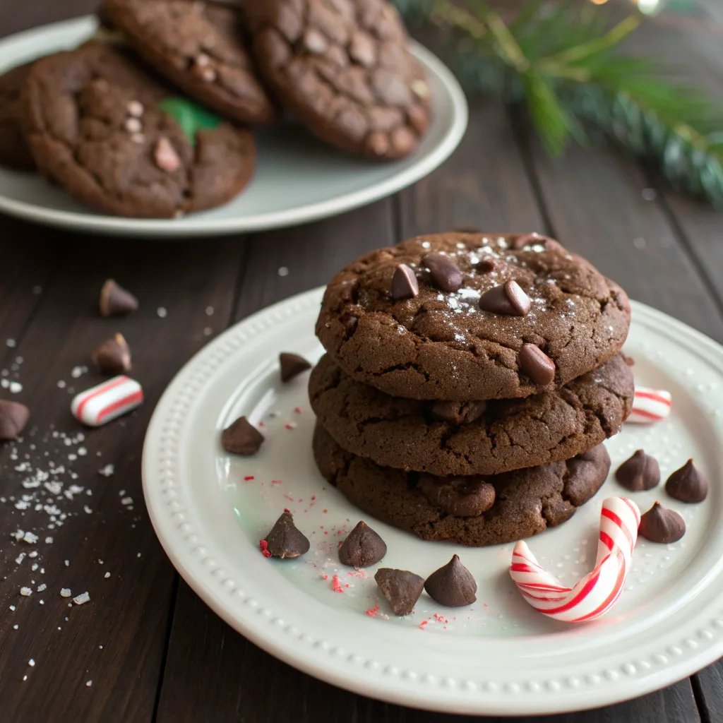 Chocolate mint cookies stacked on a plate