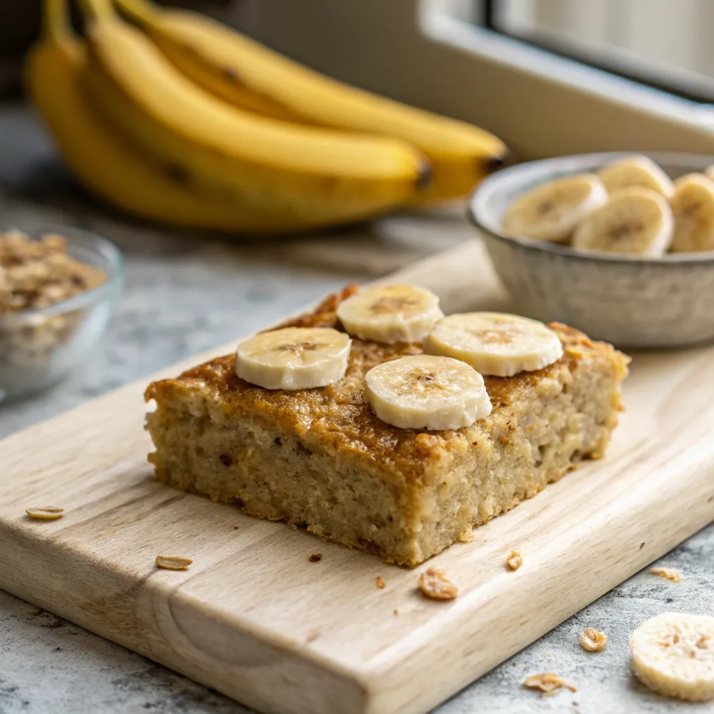 Soft oatmeal banana bar with sliced bananas