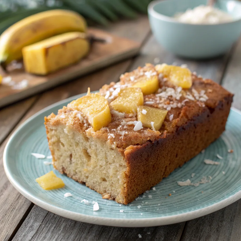 Slice of Hawaiian Banana Bread with pineapple & coconut