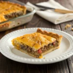 Slice of One-Pan Cheeseburger Pie served on a white plate
