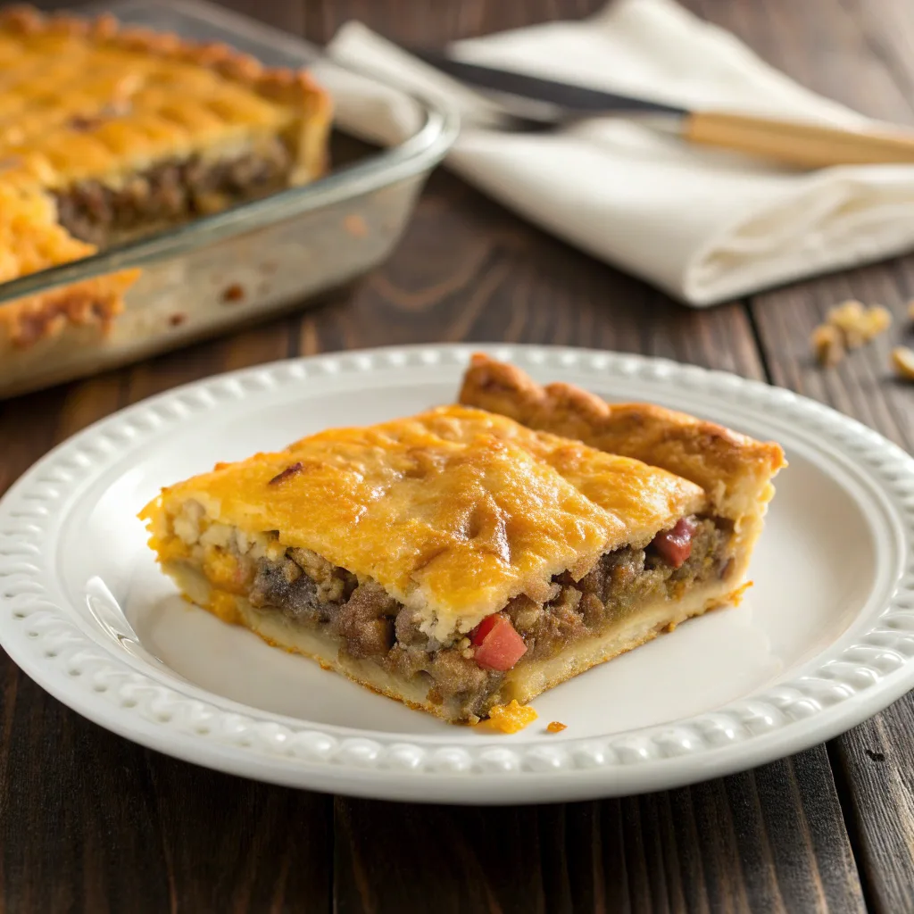 Slice of One-Pan Cheeseburger Pie served on a white plate