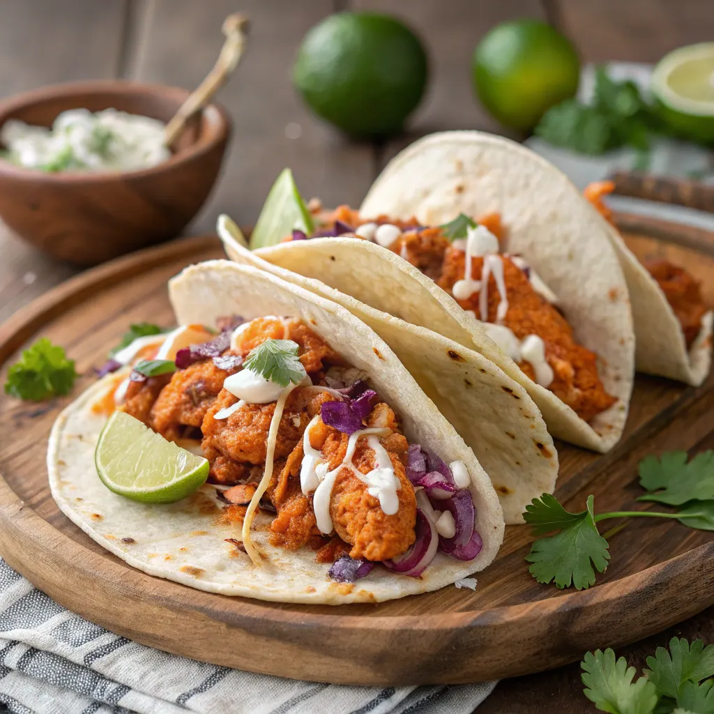 Buffalo chicken tacos with slaw and melted cheese
