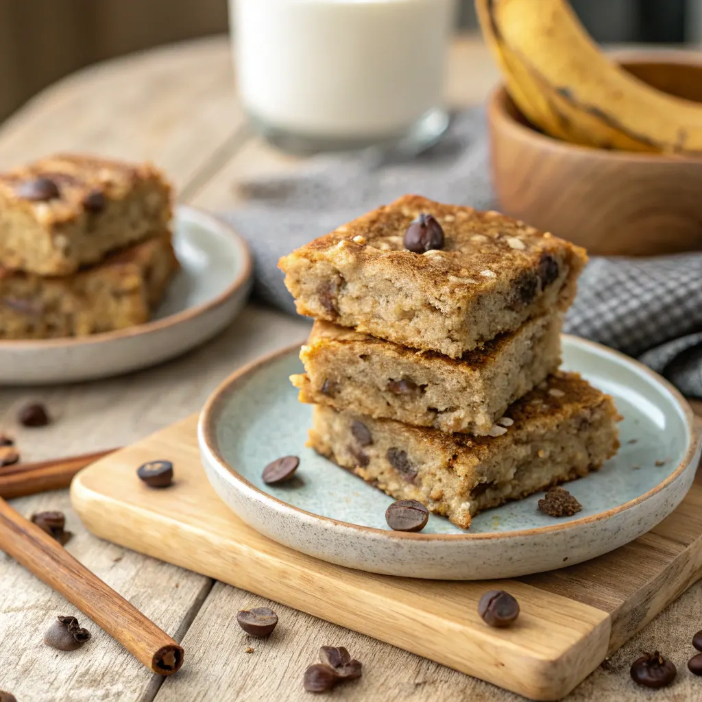 Banana oatmeal bars stacked on plate