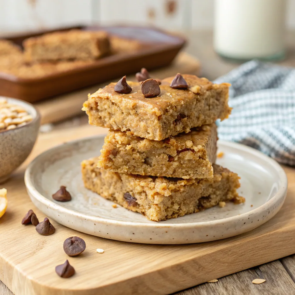 Peanut butter banana oatmeal bars stacked on plate