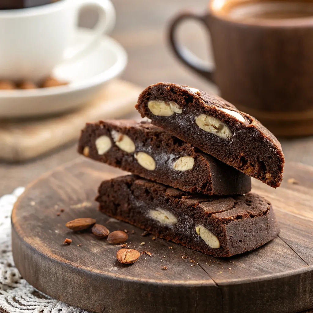 Close-up of stacked chocolate biscotti