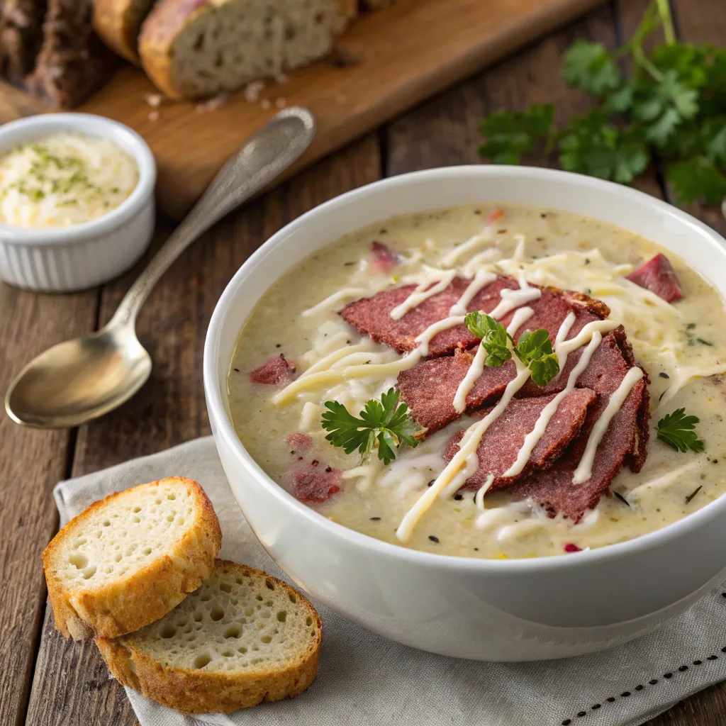 Creamy Reuben Soup with corned beef and sauerkraut