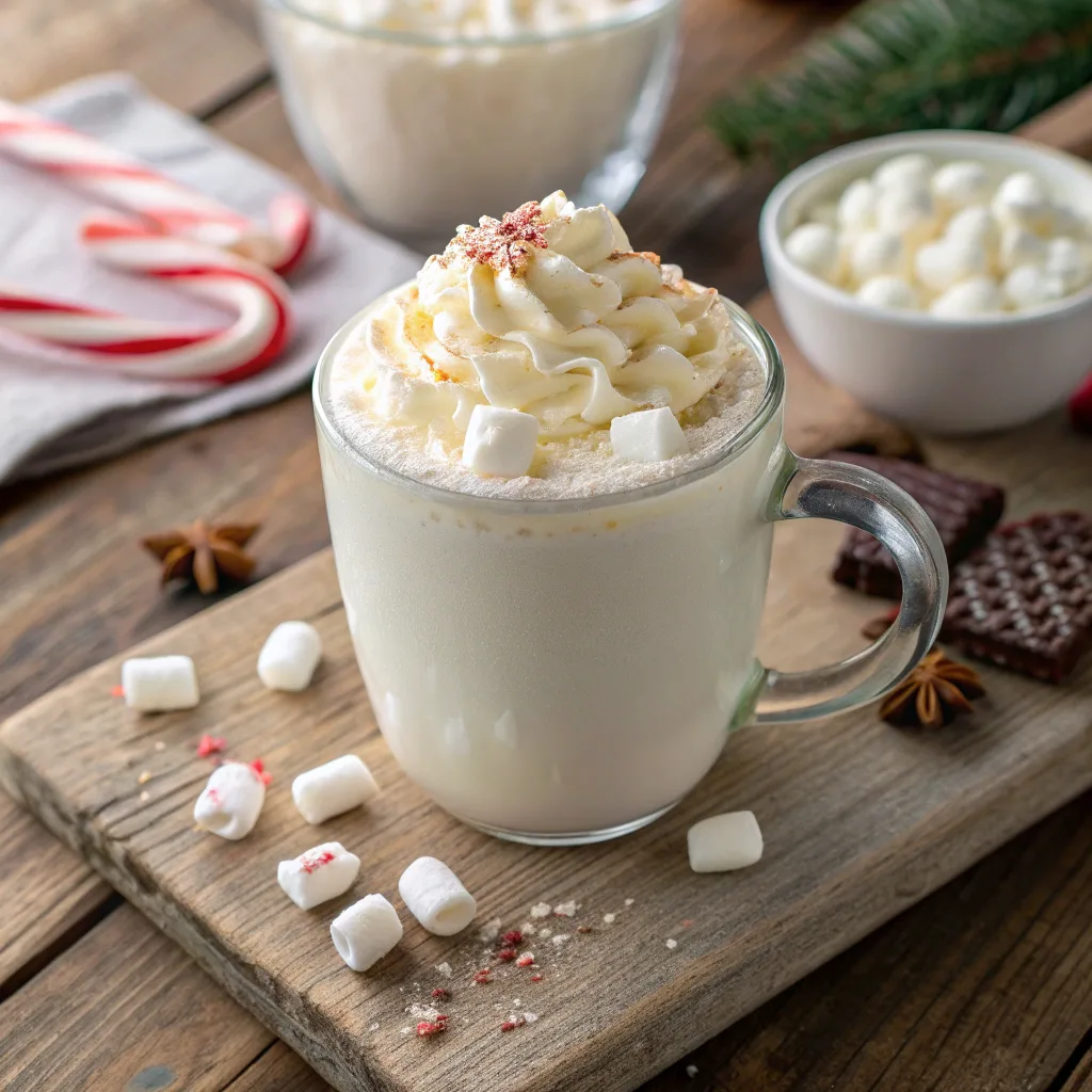 White hot chocolate topped with whipped cream and marshmallows