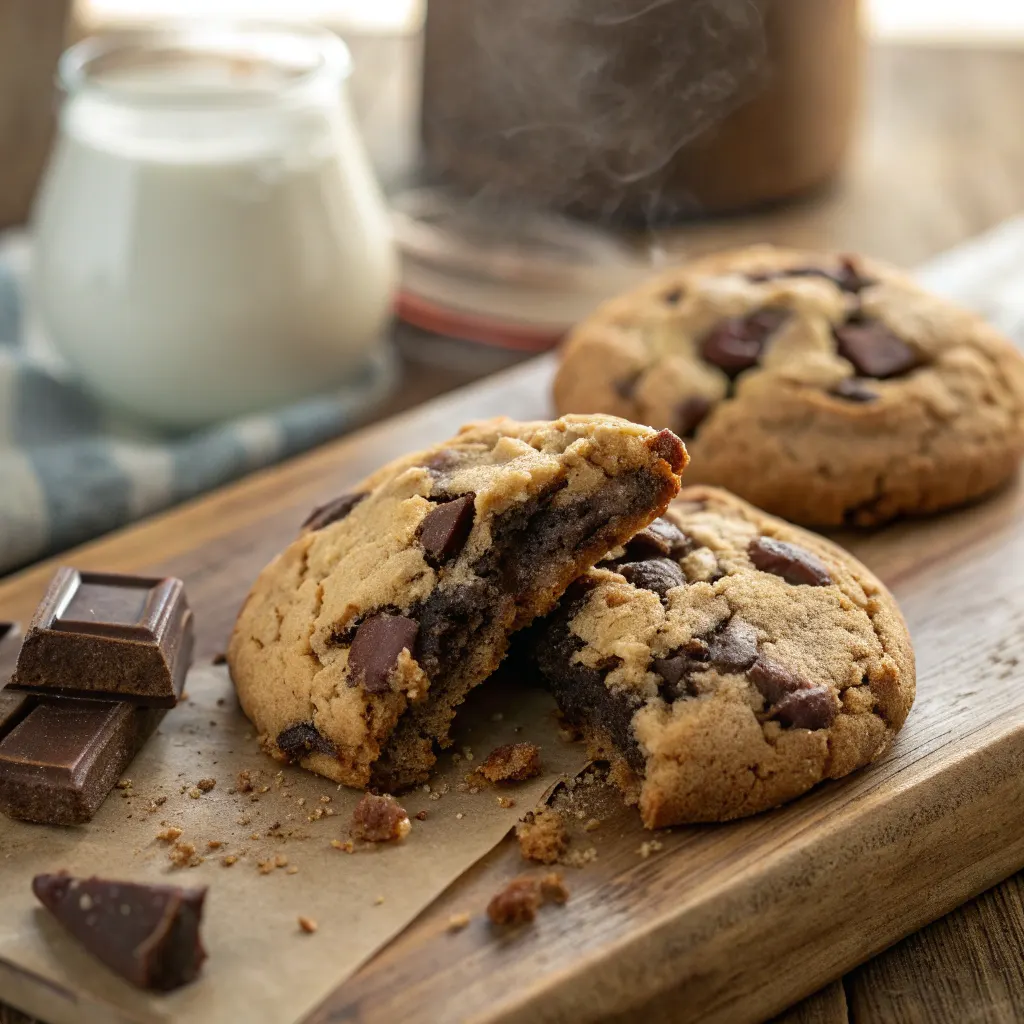 Levain Bakery chocolate chip cookie broken open with gooey center