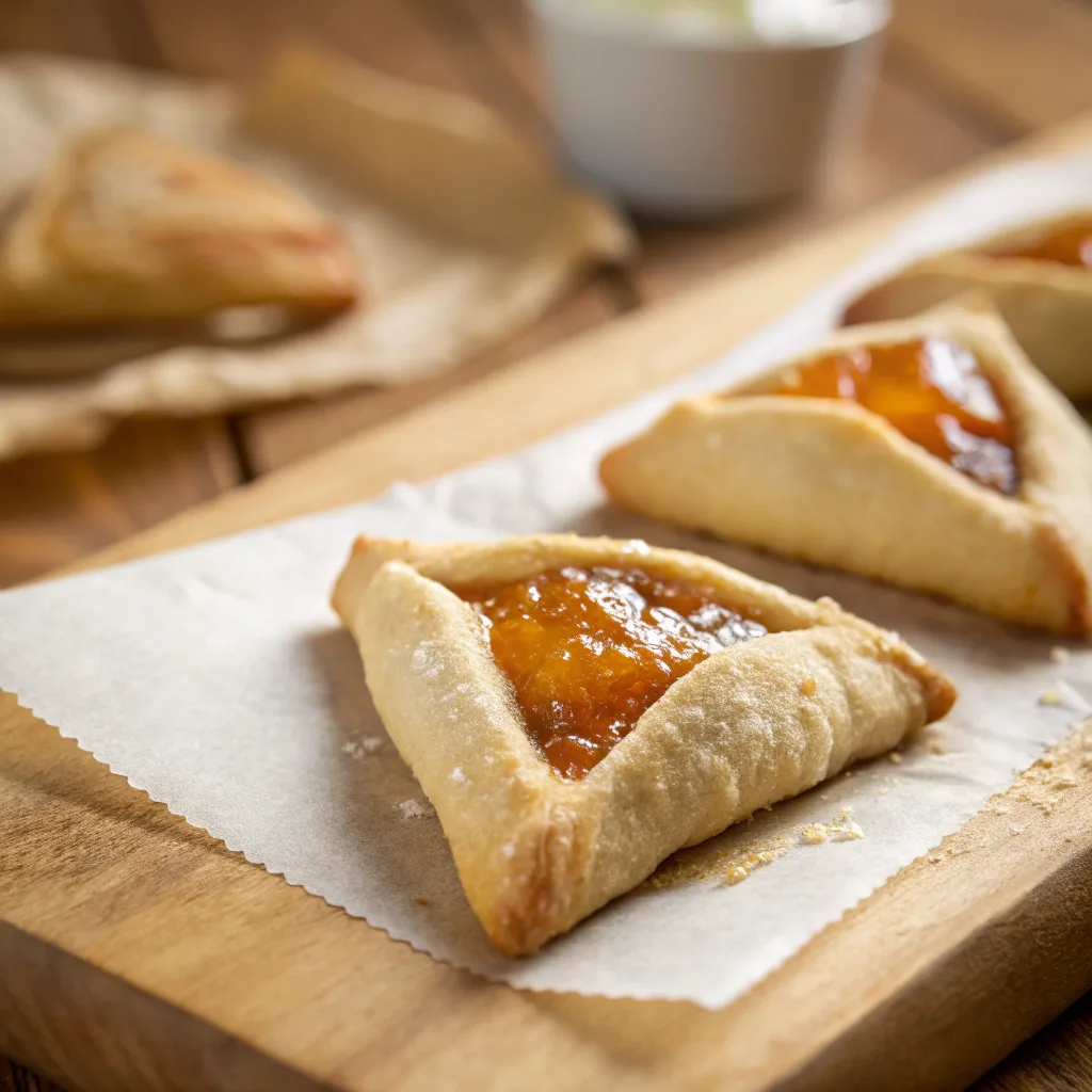 Apricot Hamantaschen close-up on parchment