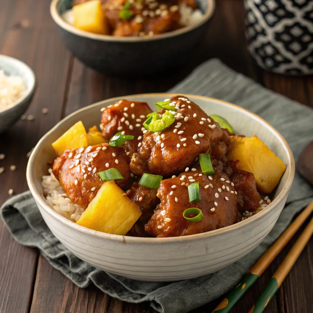 Plated Sweet Hawaiian Crockpot Chicken over rice