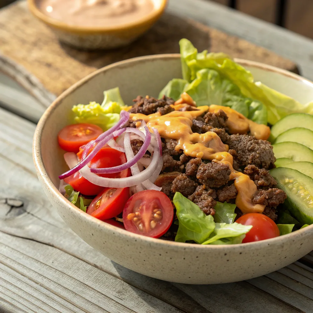 Burger bowl recipe with beef and fresh toppings
