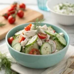 High protein cucumber salad served in a bowl