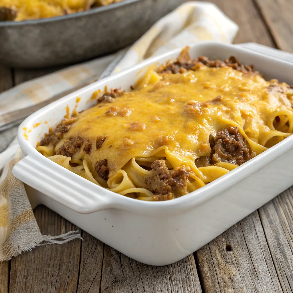 Hamburger Supreme Casserole with melted cheddar cheese