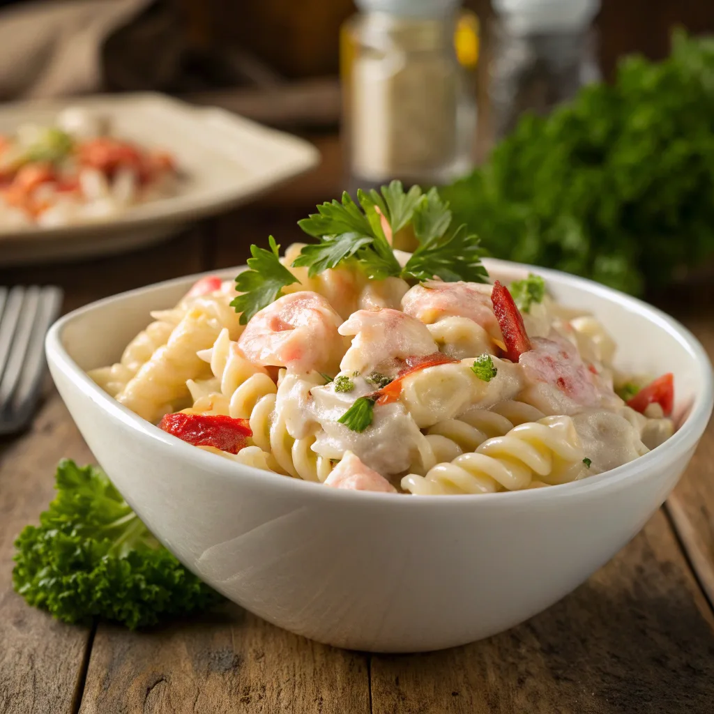 Creamy seafood pasta salad with shrimp and crabmeat