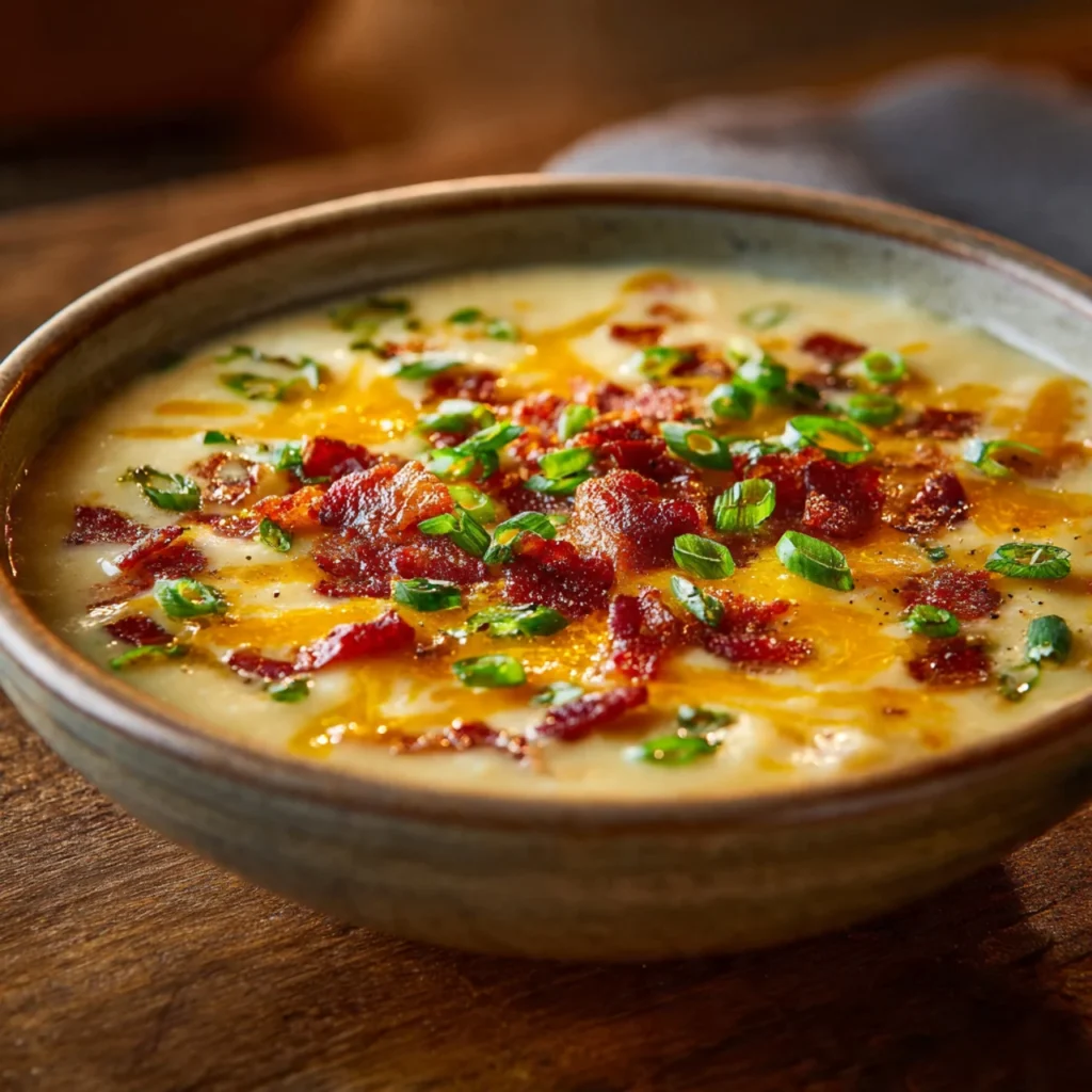 Outback Steakhouse Potato Soup in a rustic bowl