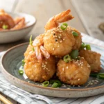 Crispy golden shrimp balls on a ceramic plate