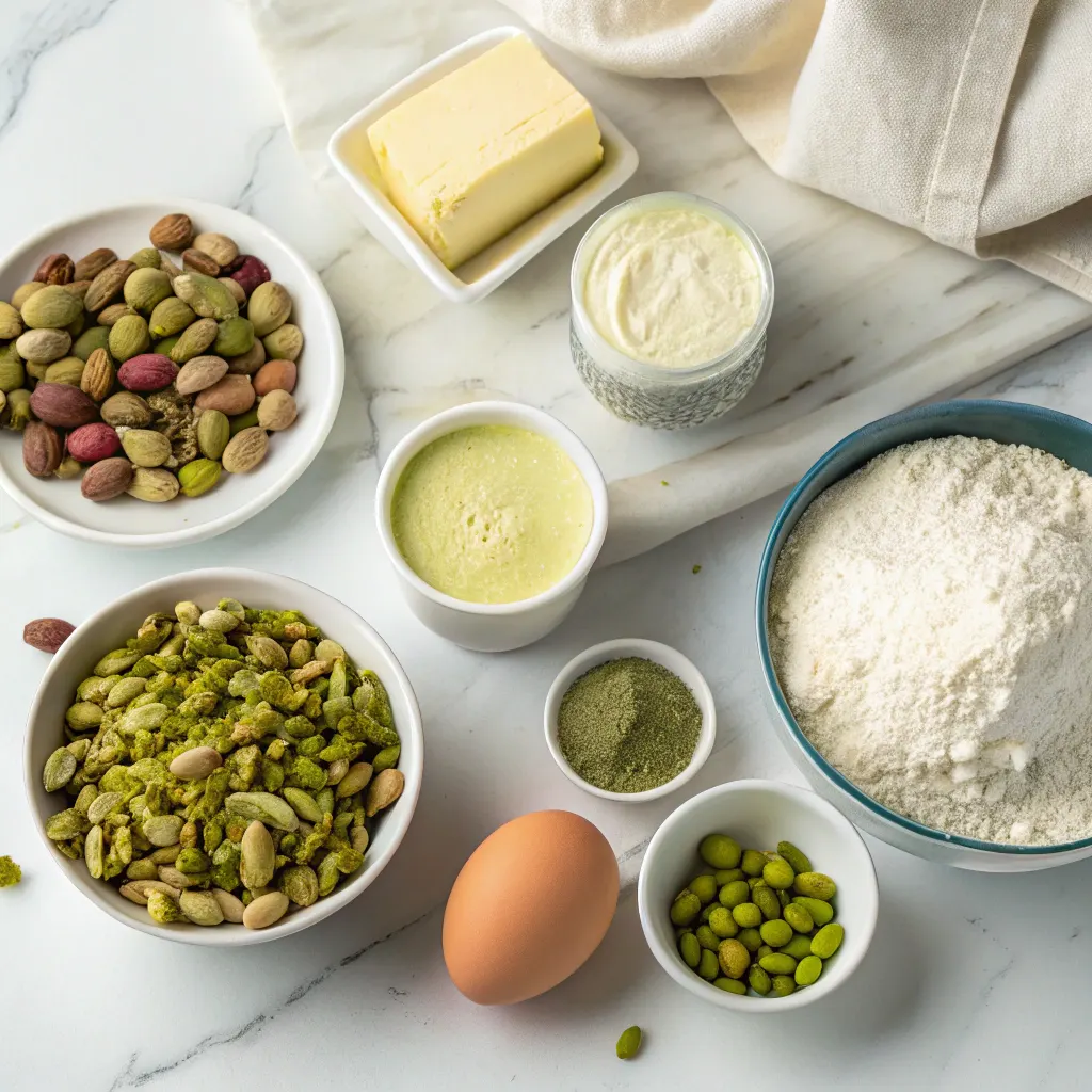 Pistachio Muffins – Easy Bakery-Style Recipe 9 Ingredients for pistachio muffins on marble counter