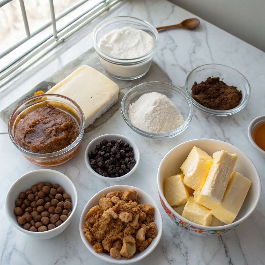 Rugelach – Quick and Tasty Crescent Pastries at Home 9 Rugelach ingredients on marble countertop