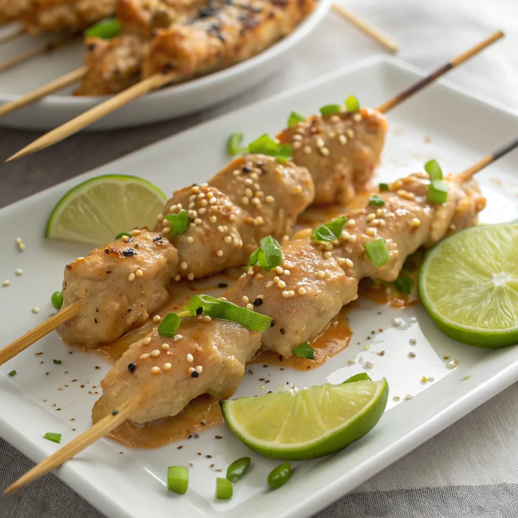 Bang Bang Chicken Skewers plated with sauce