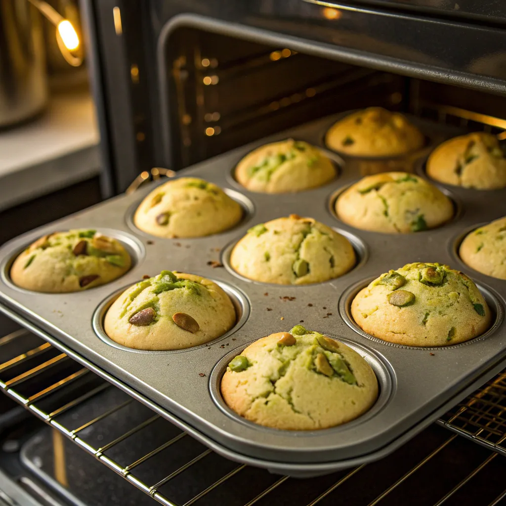 Pistachio Muffins – Easy Bakery-Style Recipe 10 Pistachio muffins baking in oven