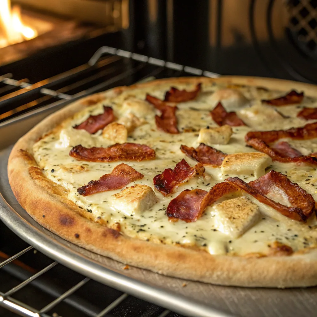 Bacon Alfredo Pizza – Ultimate Comfort Food for Pizza Lovers 10 Bacon Alfredo Pizza in oven