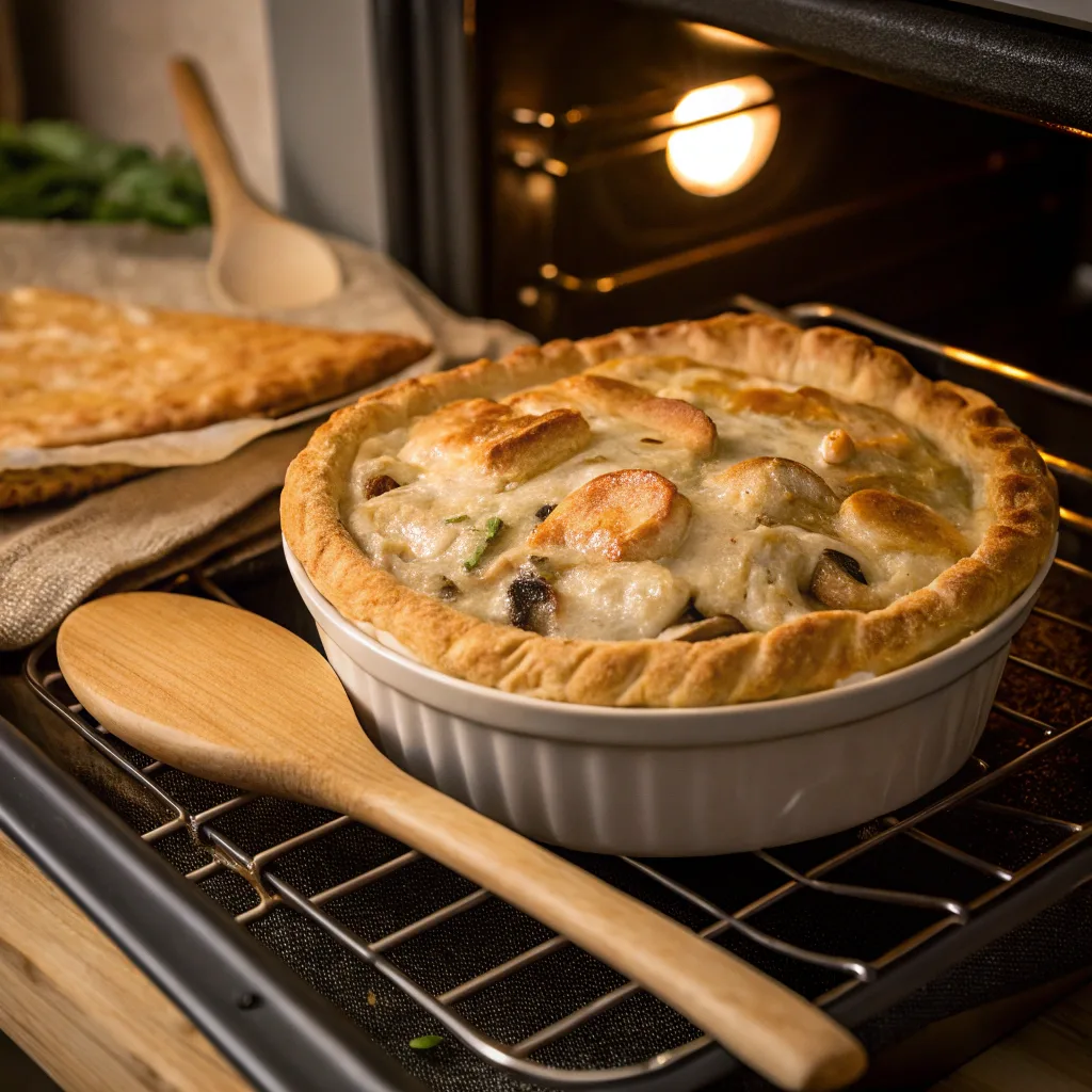 Easy Chicken and Mushroom Pie – Classic British Style 10 Chicken and mushroom pie baking in oven