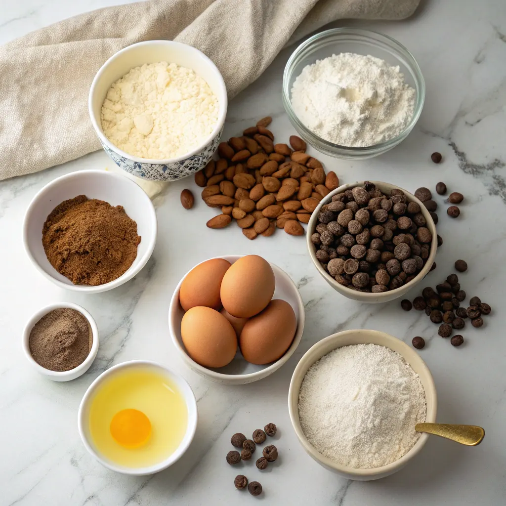 Chocolate biscotti ingredients on marble counter
