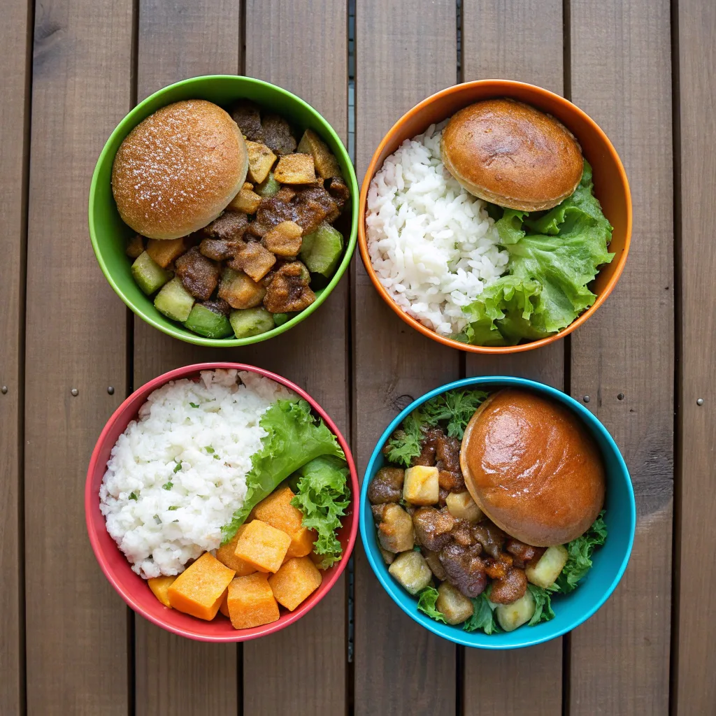 Burger bowl with rice potatoes and sweet potato