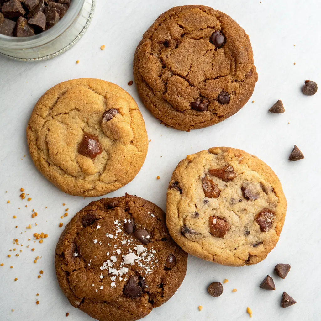 Four variations of caramel chocolate chip cookies