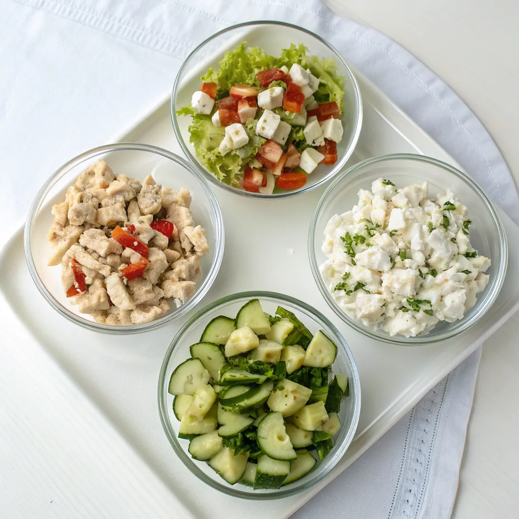 Four variations of high protein cucumber salad