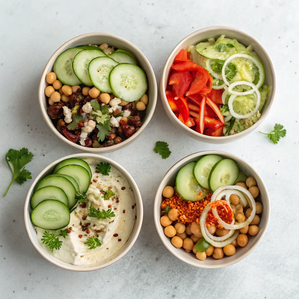 Four variations of cucumber and chickpea slaw