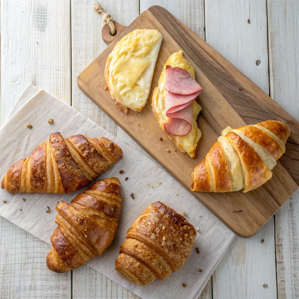 Variations of baked ham and cheese croissants