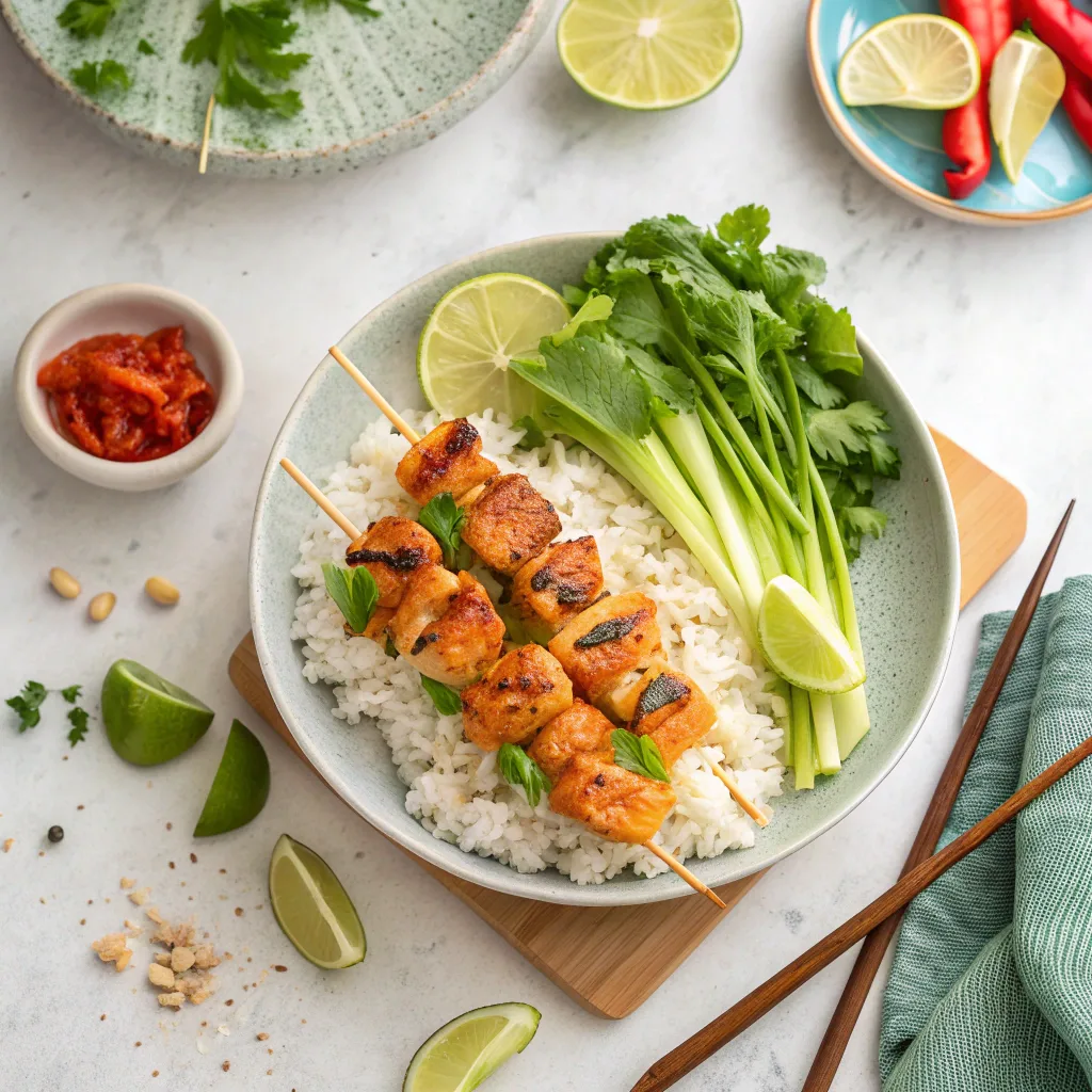 Serving Bang Bang Chicken Skewers with rice