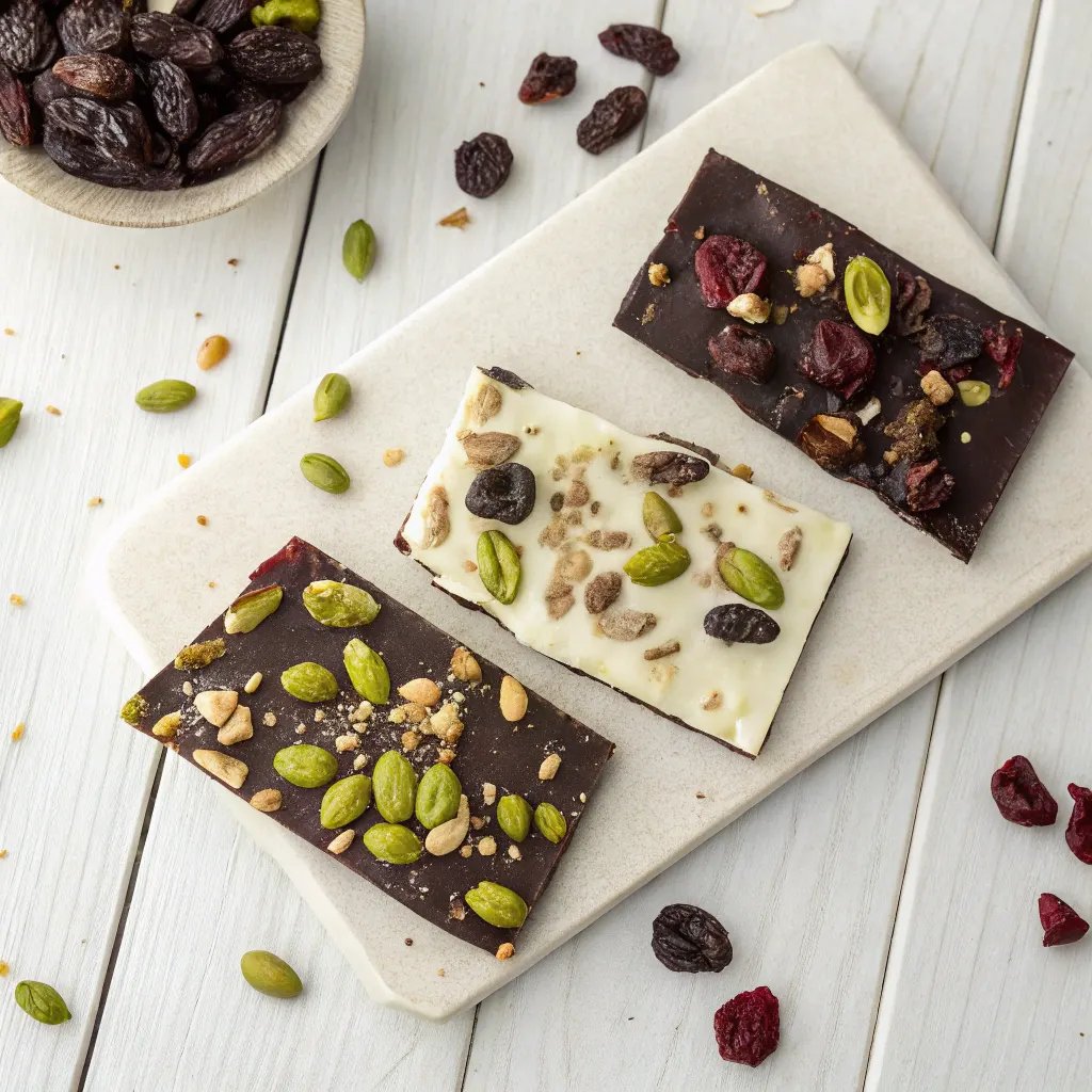 Variations of pistachio chocolate bark