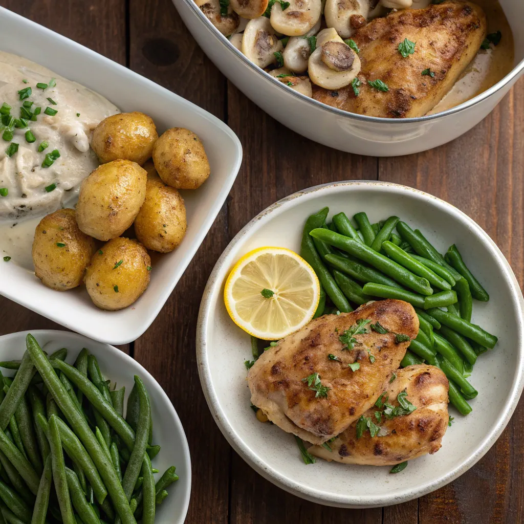 Variations of one pan garlic herb chicken with potatoes and green beans