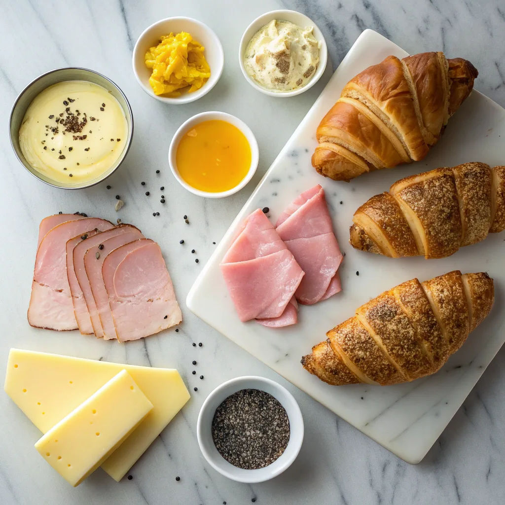 Ingredients for baked ham and cheese croissants