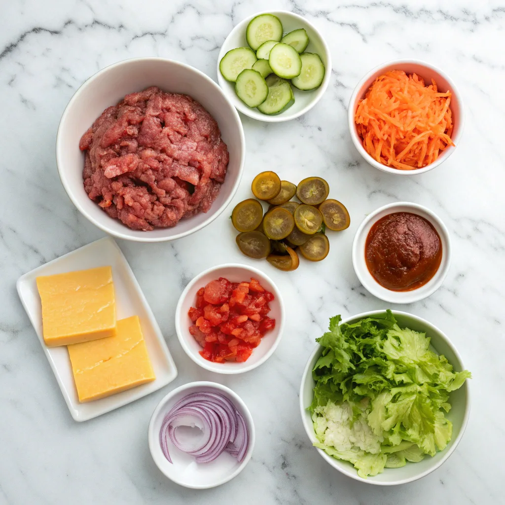 Burger Bowls with Potatoes or Rice – Hearty & Healthy 9 Ingredients for burger bowls laid out