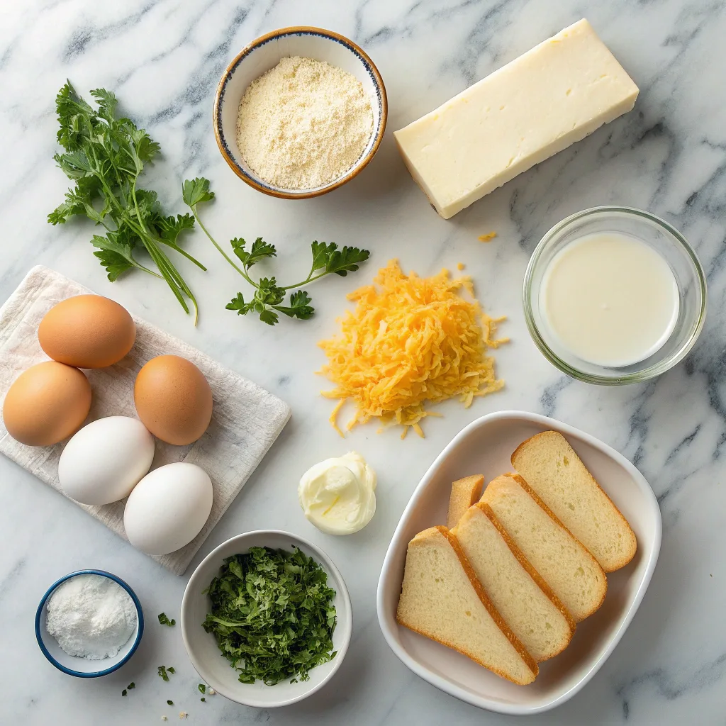 Ingredients for cheesy egg toast on marble counter