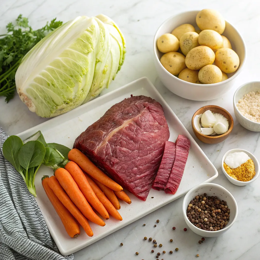 Ingredients for corned beef and cabbage recipe