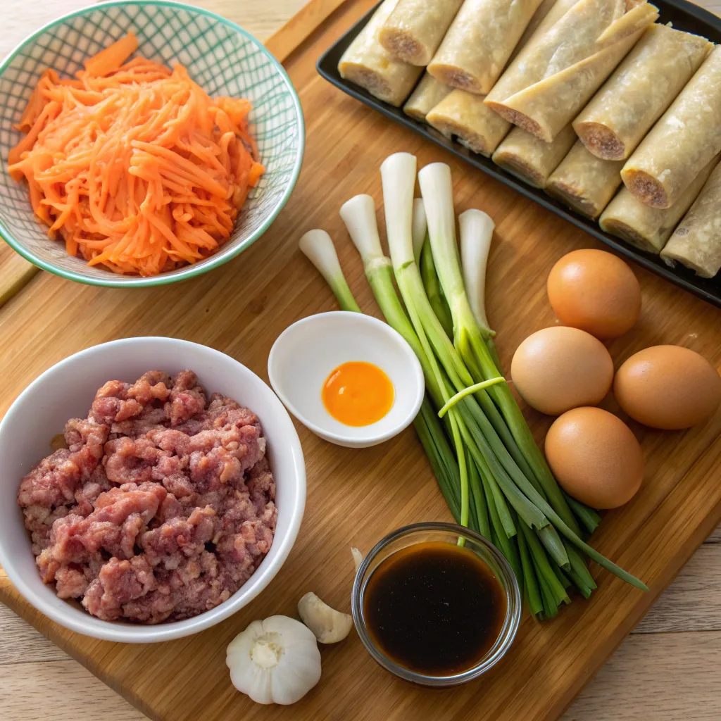 Easy Filipino Lumpia Recipe – Authentic Shanghai Rolls at Home 9 Filipino Lumpia ingredients laid out